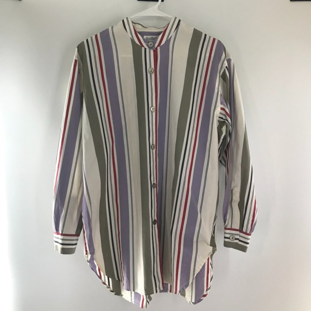 VTG 90s Ann Taylor Stripe Mandarin Collar Button Tunic
